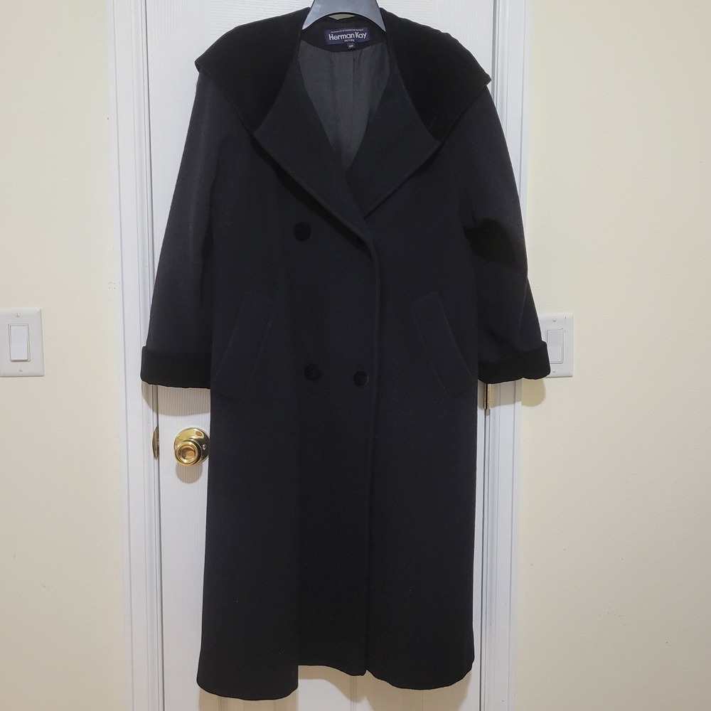 Herman Kay Petite Black Wool Blend Hooded Coat Velvet Trim Double Breasted 4P